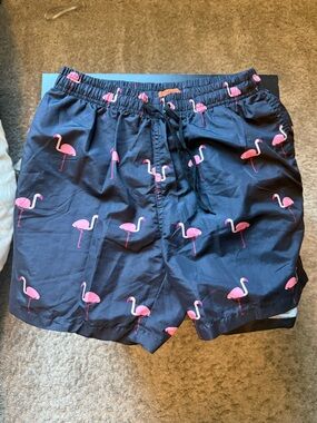 Mens Navy Swim Shorts with Pink Flamingo Print